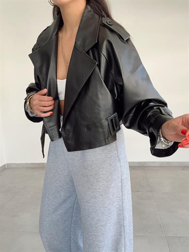 Siyah Kısa Deri Ceket