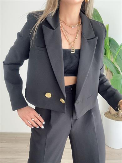 Siyah Kısa Gold Düğmeli Blazer Ceket