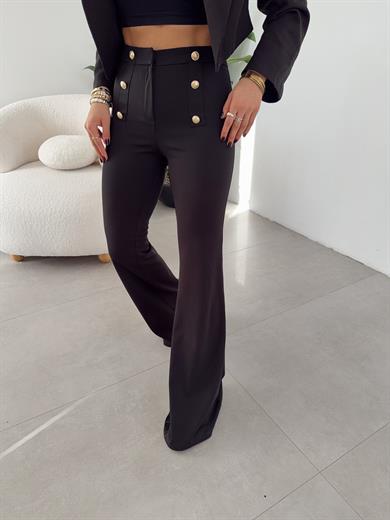 Siyah Krep Kumaş Gold Düğme Detaylı İspanyol Paça Pantolon