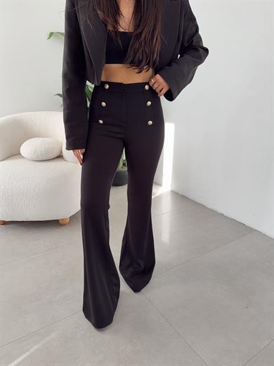 Siyah Krep Kumaş Gold Düğme Detaylı İspanyol Paça Pantolon