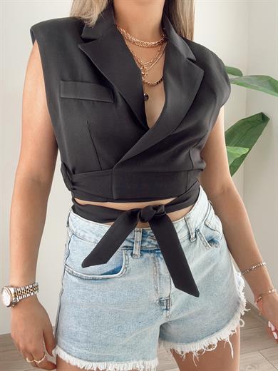 Siyah Kruvaze Bağlamalı Yelek