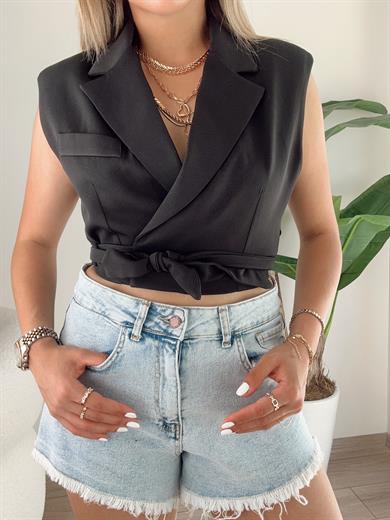 Siyah Kruvaze Bağlamalı Yelek