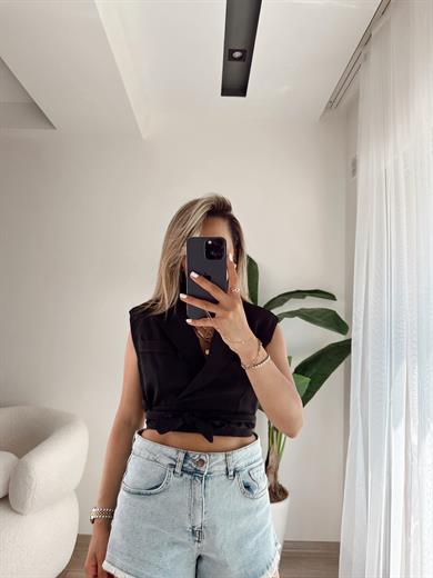 Siyah Kruvaze Bağlamalı Yelek