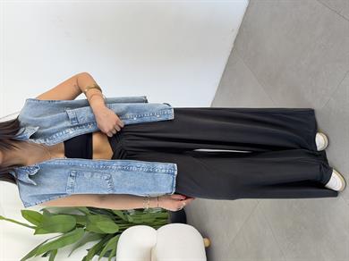 Comfort Siyah Kruvaze Bel Detaylı Modal Bol Paça Pantolon