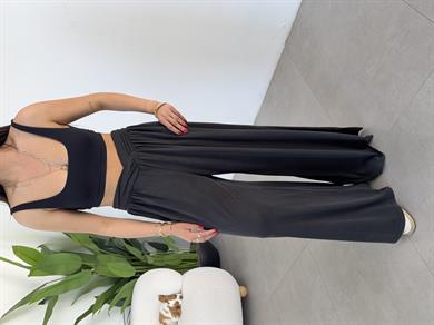 Comfort Siyah Kruvaze Bel Detaylı Modal Bol Paça Pantolon