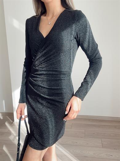 Siyah Kruvaze Yaka Simli Kısa Elbise