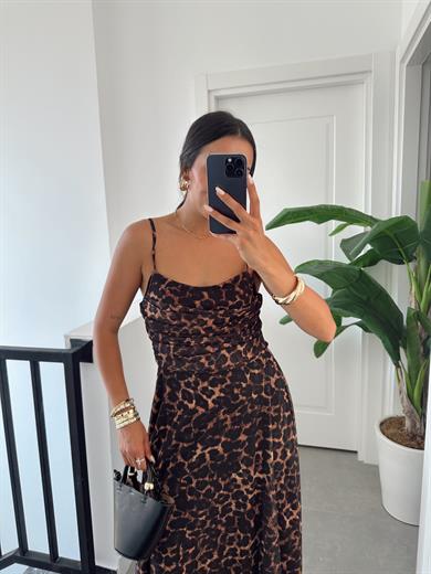 Siyah Leopar Desen Askılı Elbise