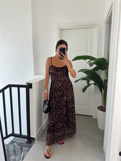 Siyah Leopar Desen Askılı Elbise