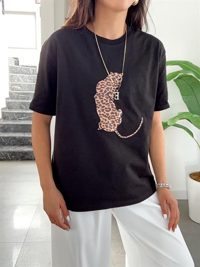 Siyah Leopar Desenli Basic Tişört