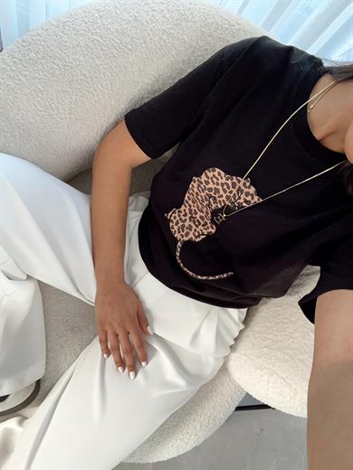 Siyah Leopar Desenli Basic Tişört