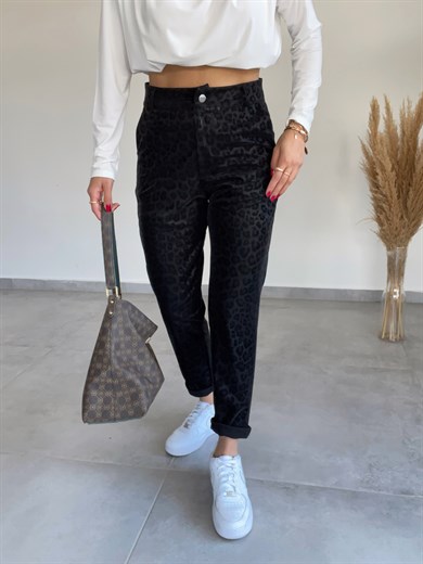 Siyah Leopar Desenli Deri  Pantolon