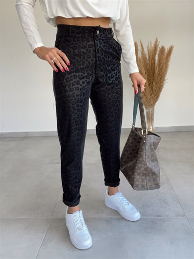 Siyah Leopar Desenli Deri  Pantolon