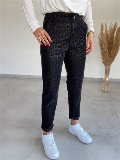 Siyah Leopar Desenli Deri  Pantolon