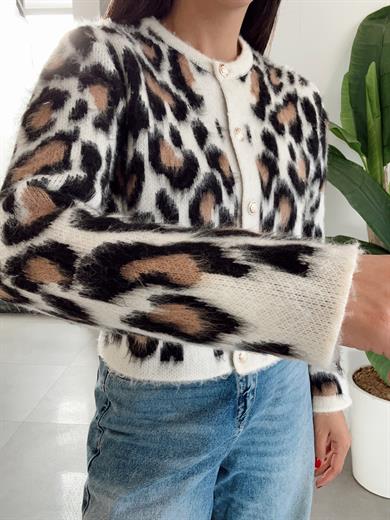 Siyah Leopar Desenli Gold Düğmeli Hırka