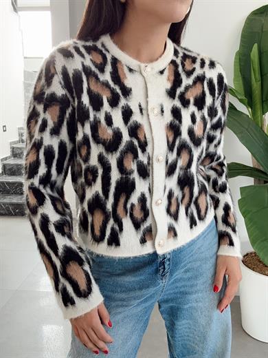 Siyah Leopar Desenli Gold Düğmeli Hırka