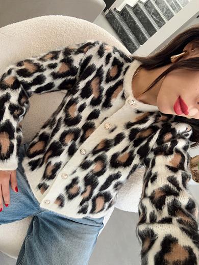 Siyah Leopar Desenli Gold Düğmeli Hırka