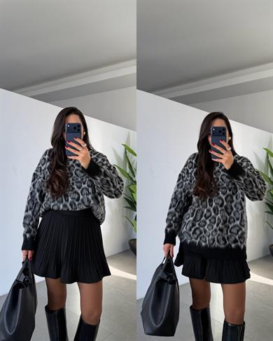 Siyah Leopar Desenli Kazak