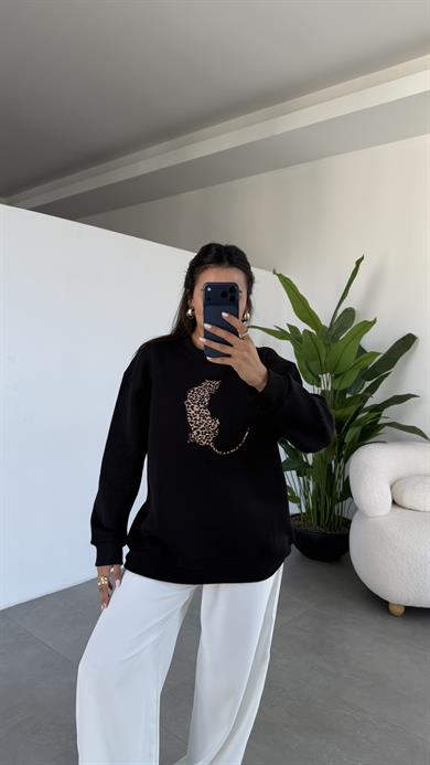 Siyah Leopar Desenli Sweatshirt