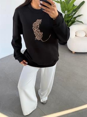 Siyah Leopar Desenli Sweatshirt