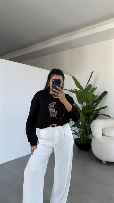 Siyah Leopar Desenli Sweatshirt
