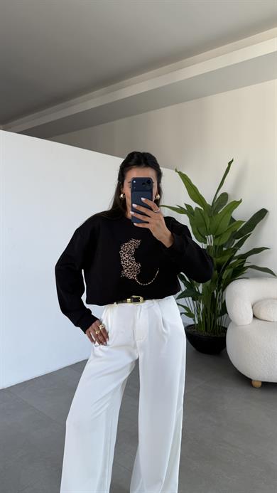 Siyah Leopar Desenli Sweatshirt
