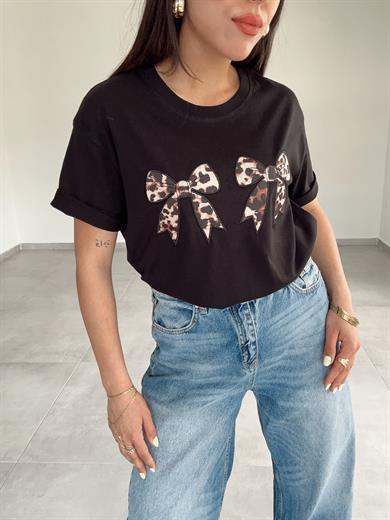 Siyah Leopar Fiyonk Tişört