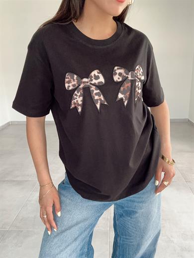 Siyah Leopar Fiyonk Tişört