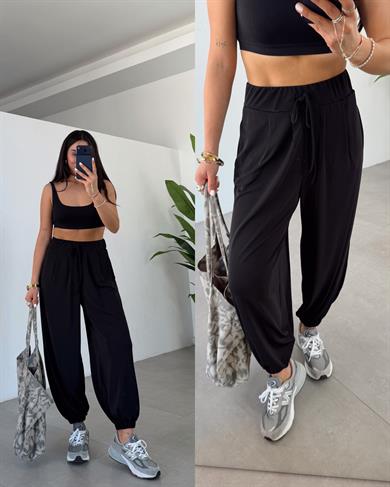 Siyah Likralı Kemerli Şalvar Pantolon