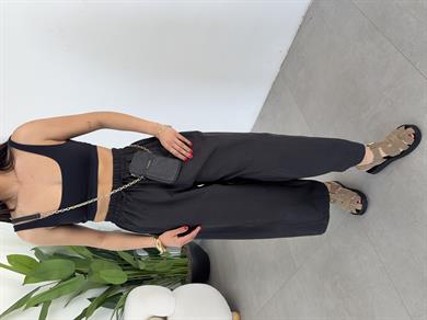 Siyah Marina Kumaş Cepli Parçalı Boru Paça Pantolon