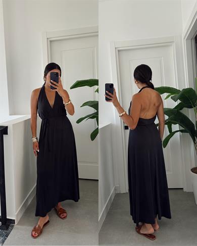 Siyah Modal Boyundan Geçmeli Elbise