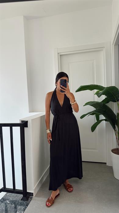 Siyah Modal Boyundan Geçmeli Elbise