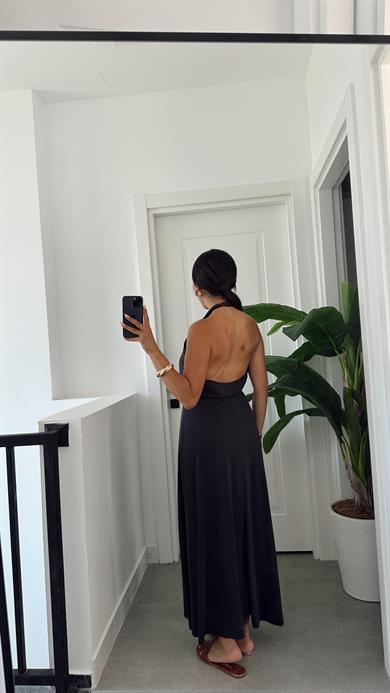 Siyah Modal Boyundan Geçmeli Elbise