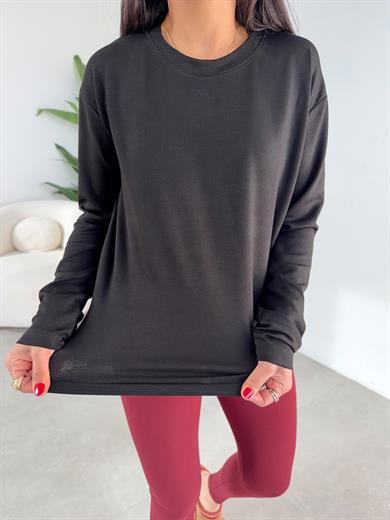 Siyah Modal Kumaş Bisiklet Yaka Uzun Kol Bluz