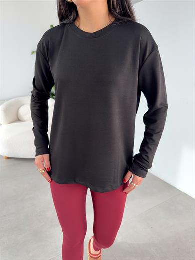 Siyah Modal Kumaş Bisiklet Yaka Uzun Kol Bluz