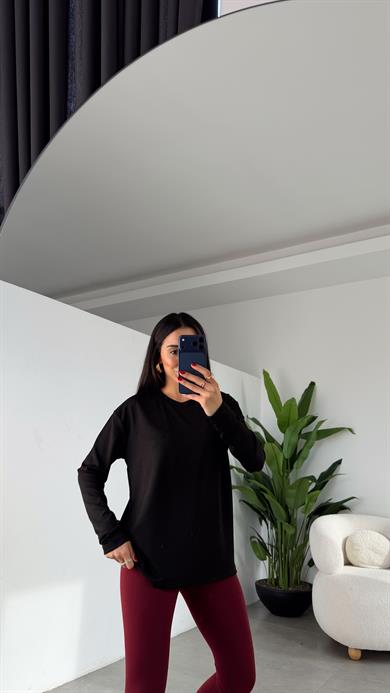 Siyah Modal Kumaş Bisiklet Yaka Uzun Kol Bluz