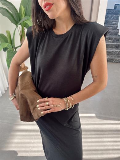 Siyah Modal Kumaş Bisiklet Yaka Vatkalı Elbise