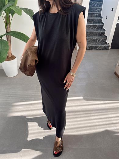 Siyah Modal Kumaş Bisiklet Yaka Vatkalı Elbise