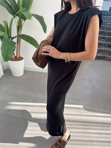 Siyah Modal Kumaş Bisiklet Yaka Vatkalı Elbise