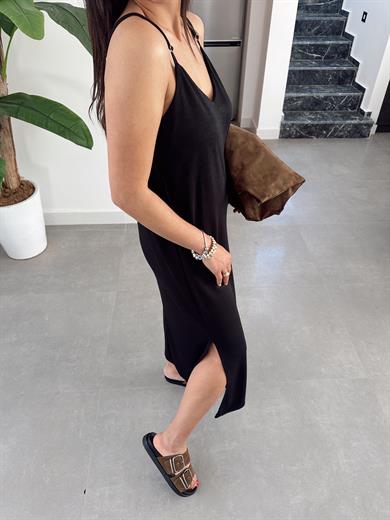 Siyah Modal Kumaş Lastik Askılı Elbise