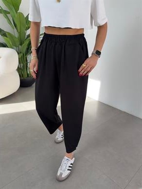 Siyah Modal Kumaş Paça Tutturmalı Pantolon