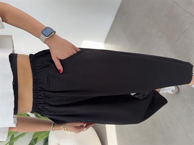 Siyah Modal Kumaş Paça Tutturmalı Pantolon