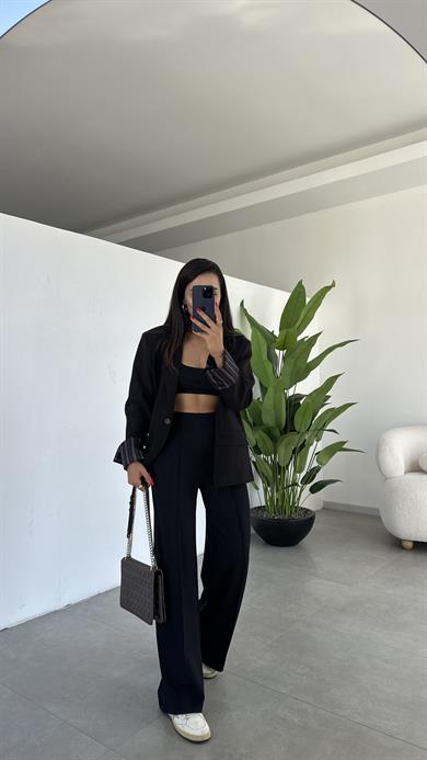 Siyah Modal Önü Çimalı Palazzo Pantolon