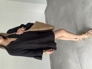 Siyah Müslin Hakim Yaka Kısa Elbise