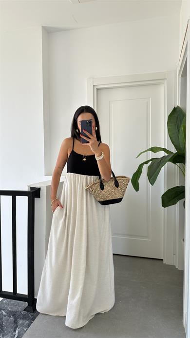 Siyah-Naturel Askılı İki Renk Elbise