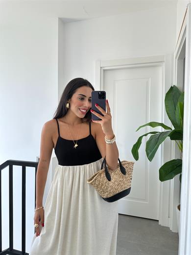 Siyah-Naturel Askılı İki Renk Elbise