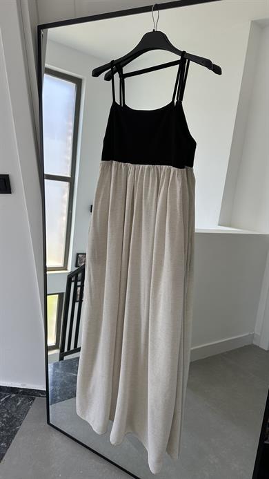 Siyah-Naturel Askılı İki Renk Elbise