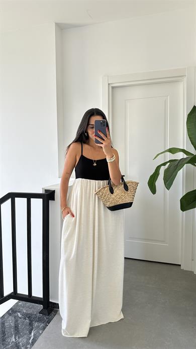 Siyah-Naturel Askılı İki Renk Elbise