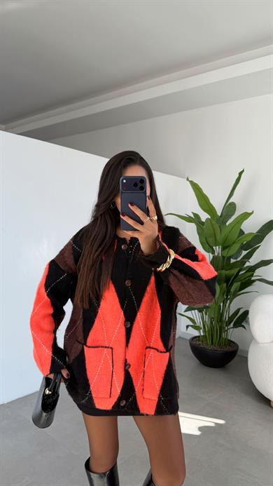 Siyah-Neon Oranj Baklava Desen Hırka