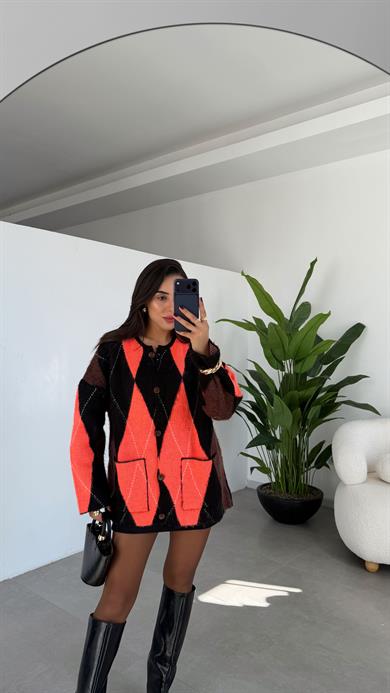 Siyah-Neon Oranj Baklava Desen Hırka