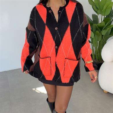 Siyah-Neon Oranj Baklava Desen Hırka